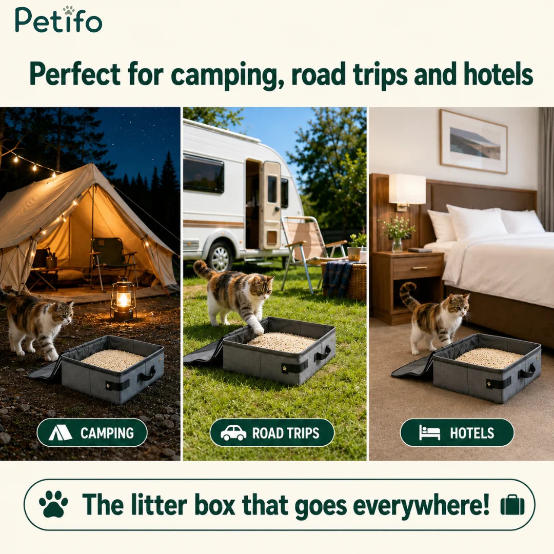 Versatile travel cat litter box displayed across camping, road trips, and hotel settings.