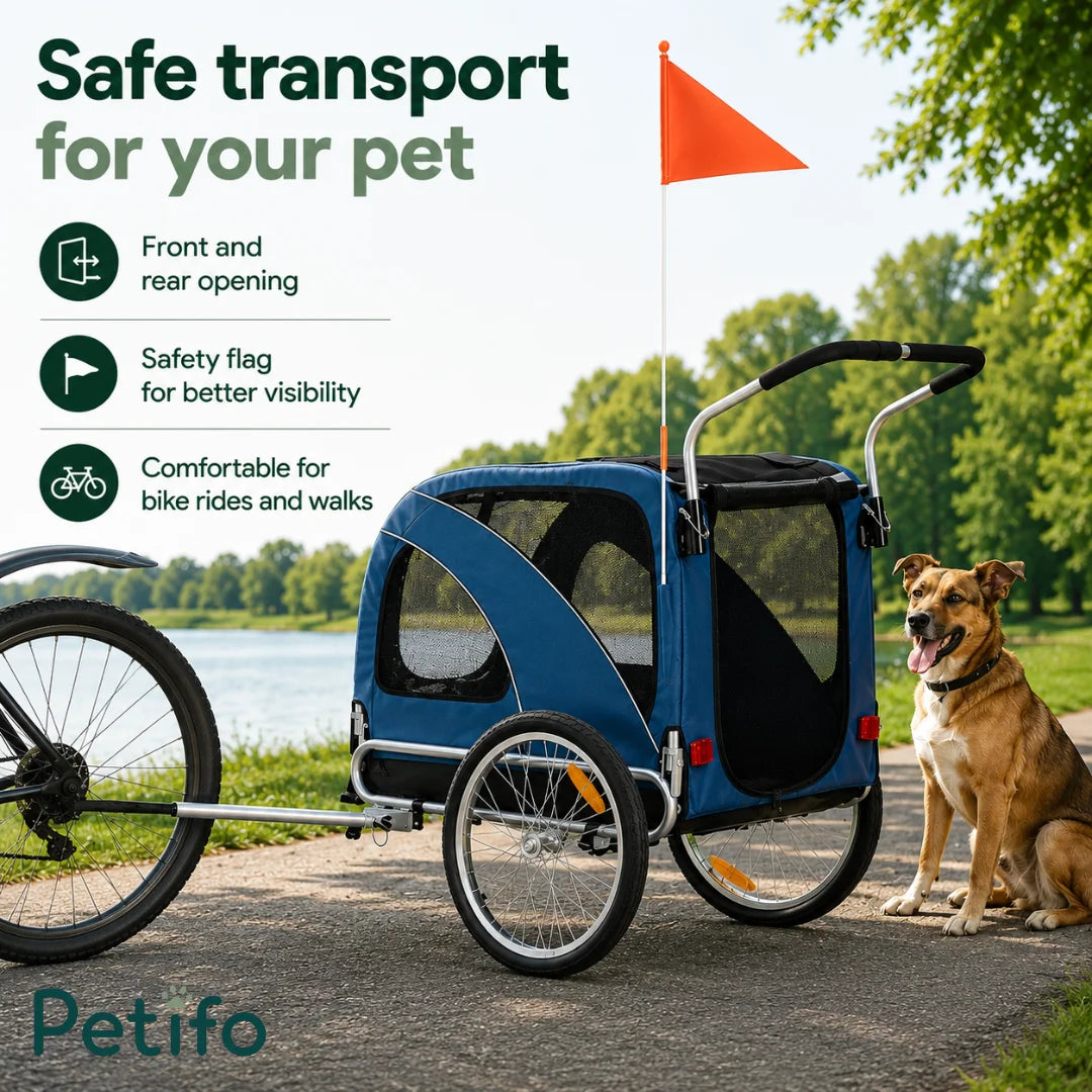Petifo pet trailer with front and rear openings, safety flag, and versatile design for both bike rides and walking.