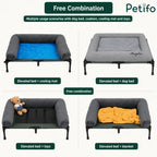 Versatile Petifo elevated dog bed setup options, featuring combinations with cooling mats, plush beds, blankets, and toys.