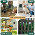 Versatile application infographic showing the ultrasonic anti-bark silencer mounted on trees, fences, indoors, and outdoor