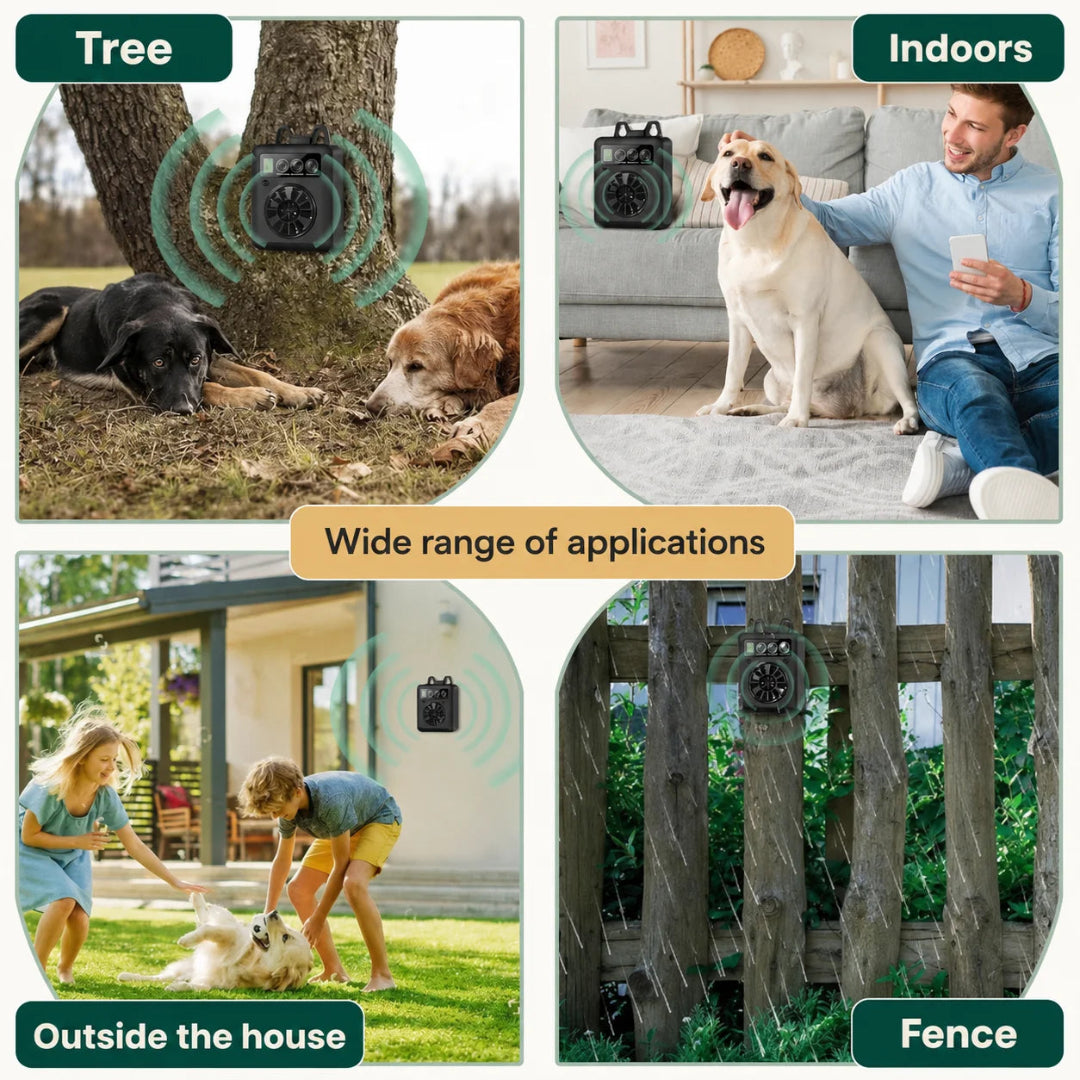 Versatile application infographic showing the ultrasonic anti-bark silencer mounted on trees, fences, indoors, and outdoor