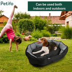 Versatile pet bed shown in a garden setting, suitable for both indoor and outdoor use.