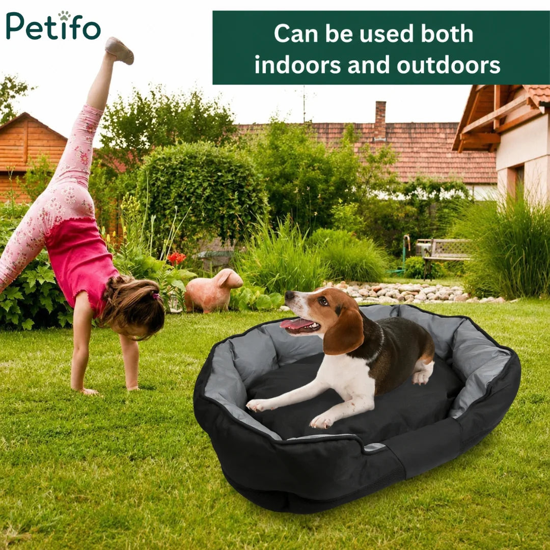 Versatile pet bed shown in a garden setting, suitable for both indoor and outdoor use.