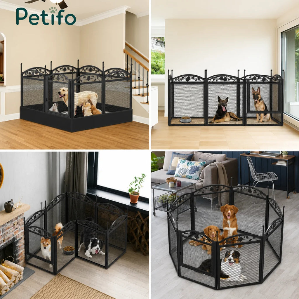 A collage demonstrating the versatility of the Petifo metal dog playpen, showing it used as an indoor whelping pen.