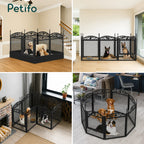 A collage demonstrating the versatility of the Petifo metal dog playpen, showing it used as an indoor whelping pen.
