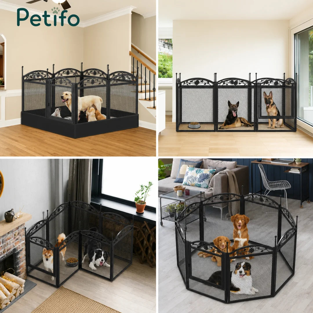 A collage demonstrating the versatility of the Petifo metal dog playpen, showing it used as an indoor whelping pen.