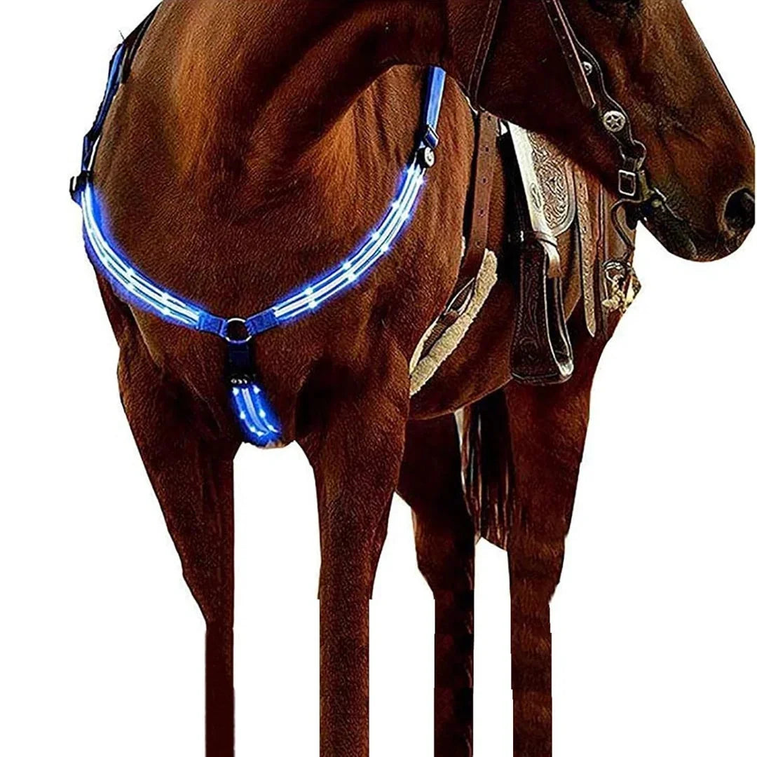 Chestnut horse wearing a vibrant blue LED equestrian chest strap for night visibility.