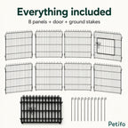 Visual breakdown of the included items: 8 modular wire panels, door, and metal ground stakes.