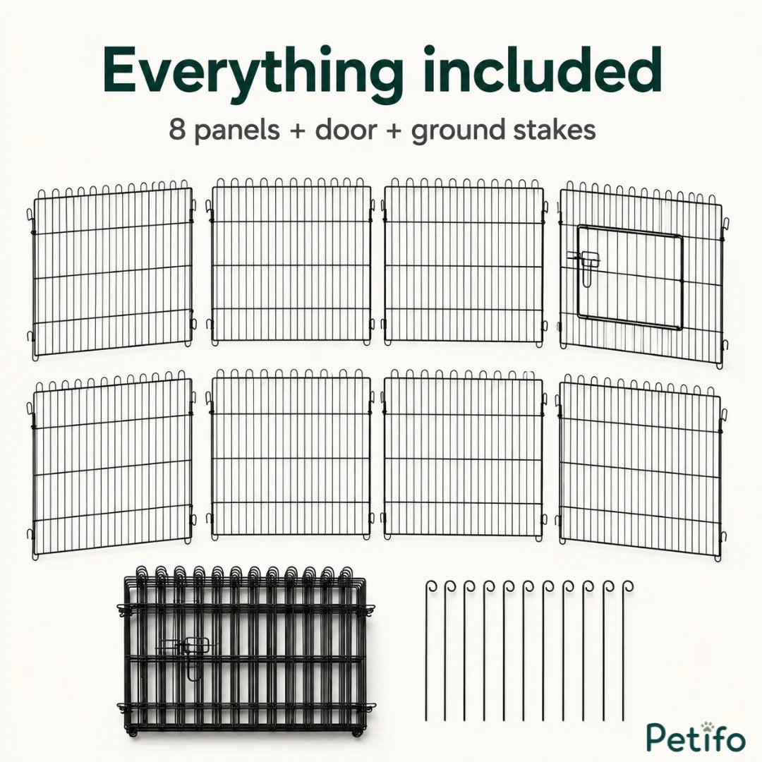 Visual breakdown of the included items: 8 modular wire panels, door, and metal ground stakes.