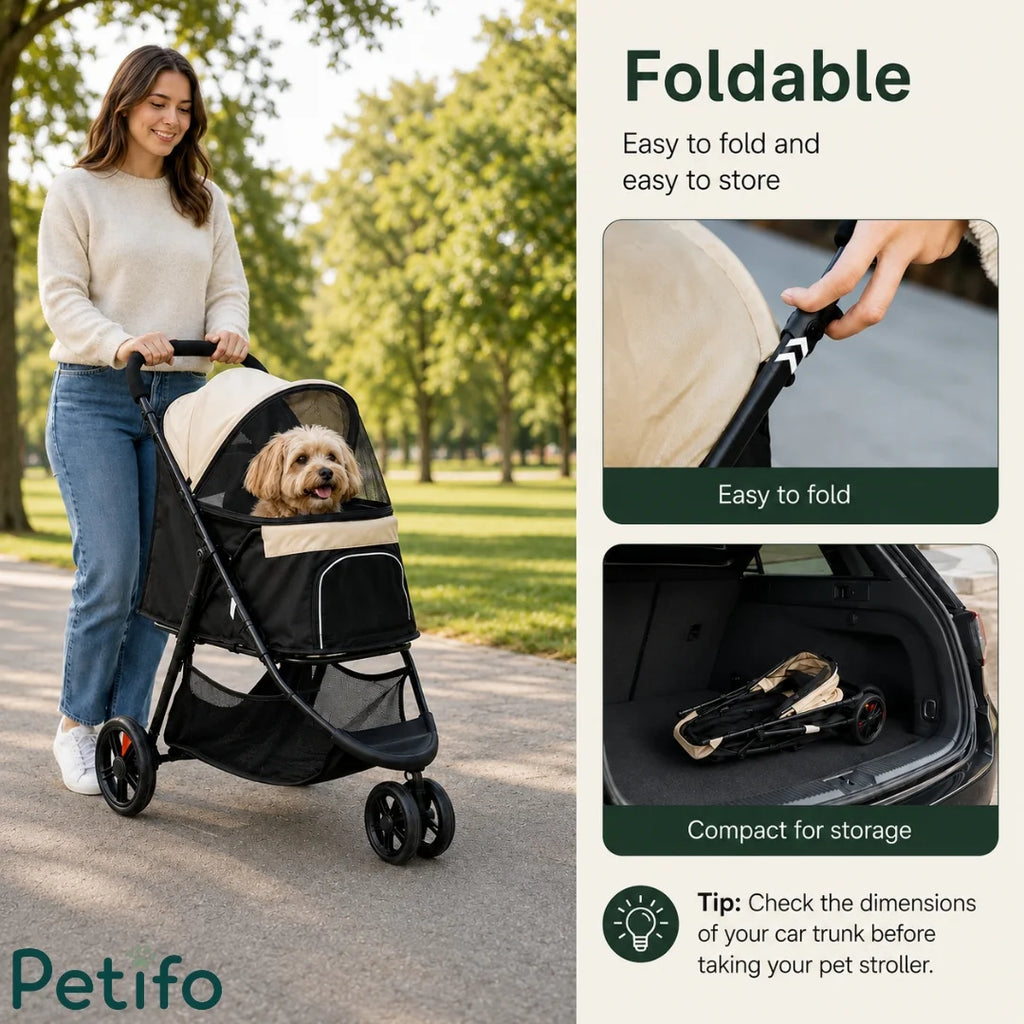 Visual guide showing how the Petifo pet stroller folds flat for trunk storage.