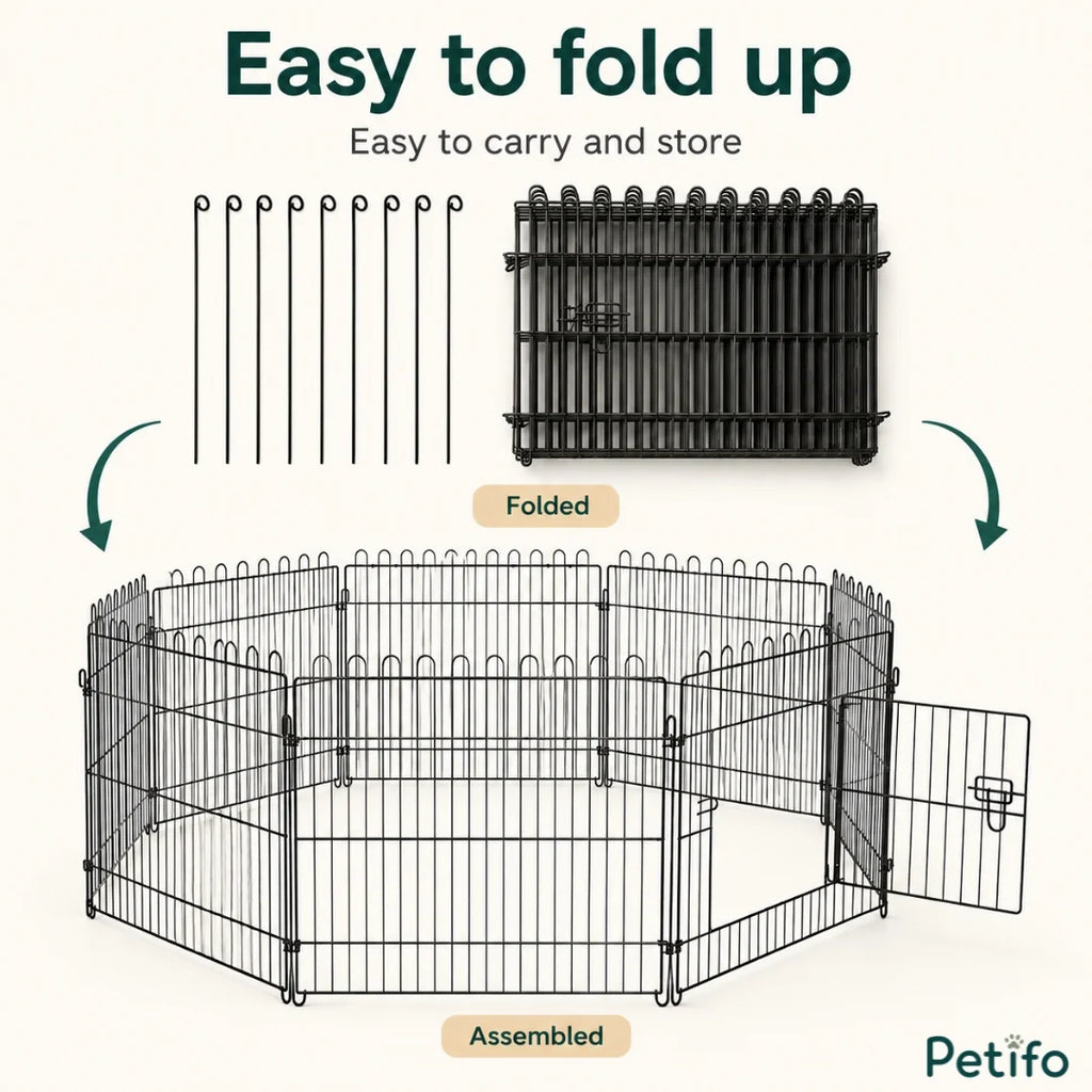 Visual illustration of the playpen folded flat for easy transport and storage alongside ground stakes.