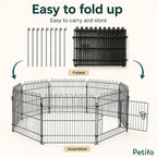 Visual illustration of the playpen folded flat for easy transport and storage alongside ground stakes.