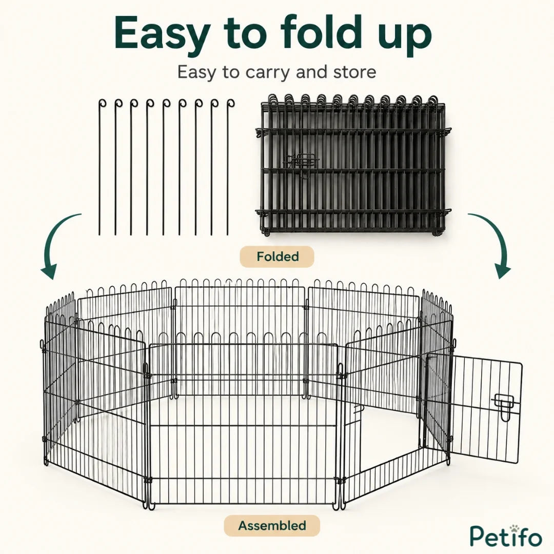 Visual illustration of the playpen folded flat for easy transport and storage alongside ground stakes.