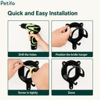 Step-by-step visual installation guide showing how to drill, position, and screw in the horse equipment hanger.