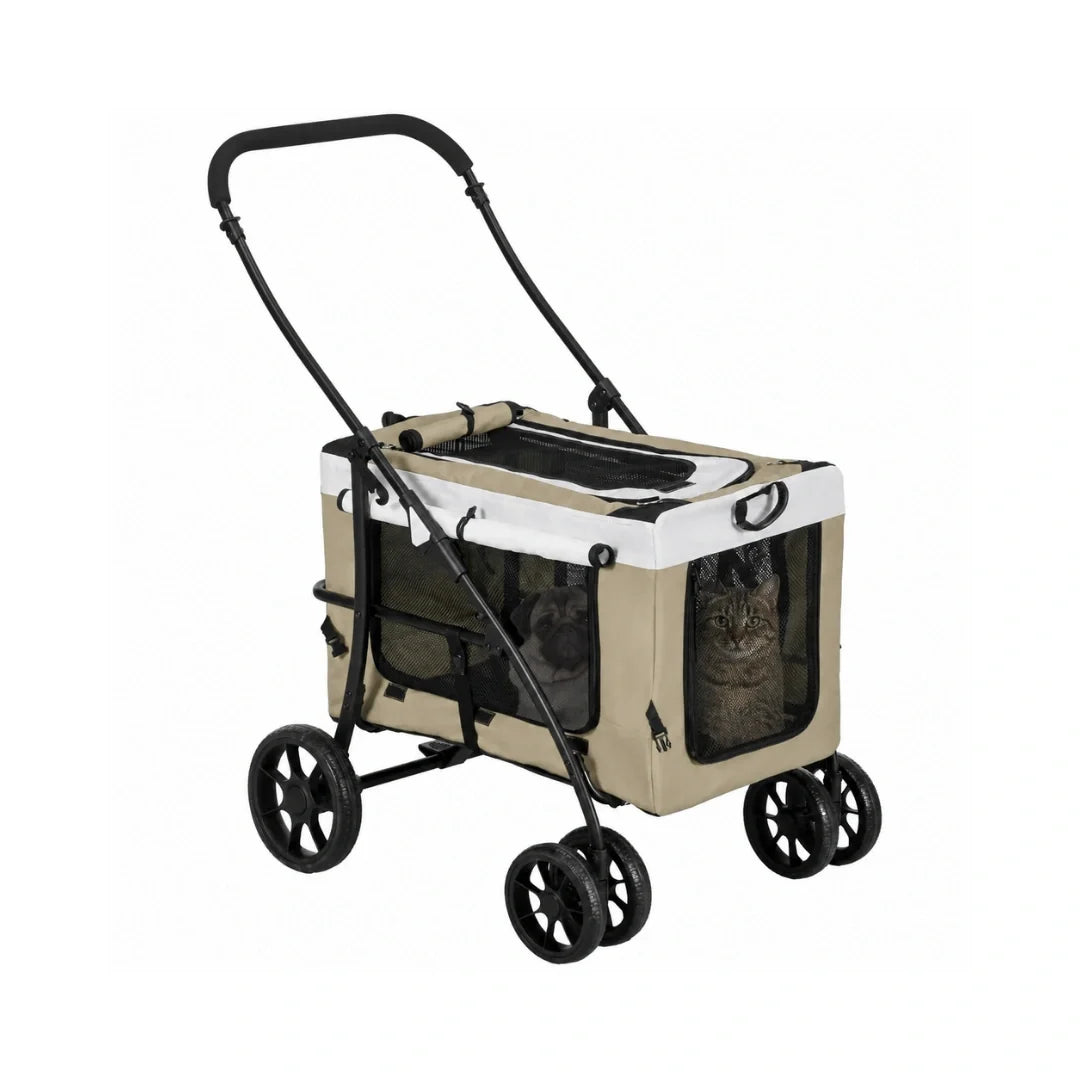  Petifo warm beige multi-pet stroller with a black frame showcasing a pug and a tabby cat riding comfortably.