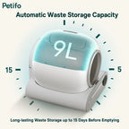This smart cat litter box features a 9-liter waste capacity, allowing for up to 15 days of hands-free waste storage 