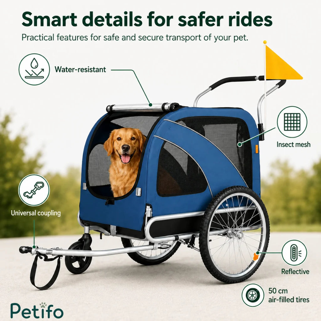 Infographic highlighting the Petifo trailer's water-resistant design, air-filled tires, and universal coupling for pet safety.