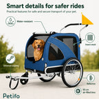 Infographic highlighting the Petifo trailer's water-resistant design, air-filled tires, and universal coupling for pet safety.