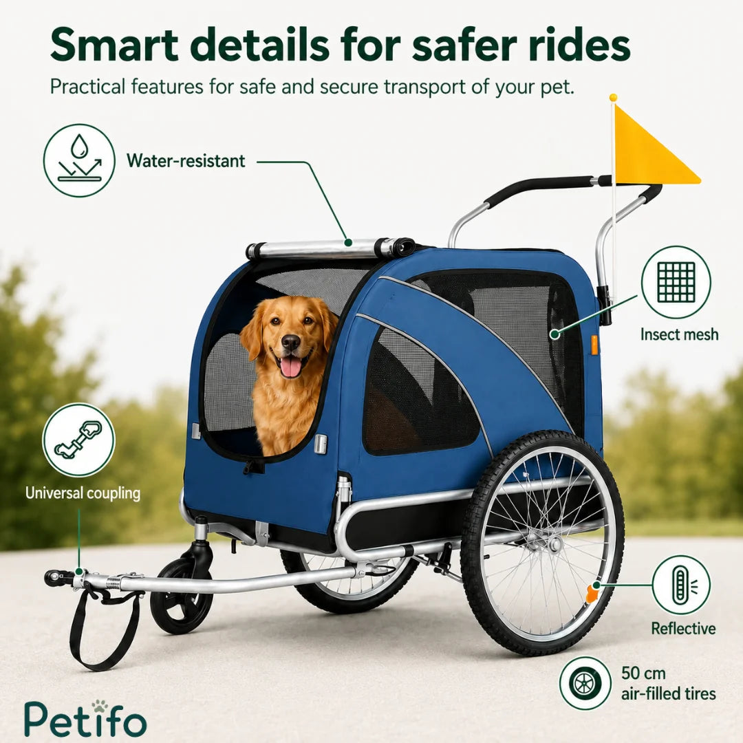 Infographic highlighting the Petifo trailer's water-resistant design, air-filled tires, and universal coupling for pet safety.