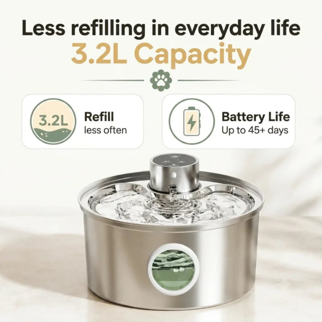 Product shot showcasing the large 3.2L water capacity and an impressive battery life that lasts up to 45+ days for less frequent refilling.