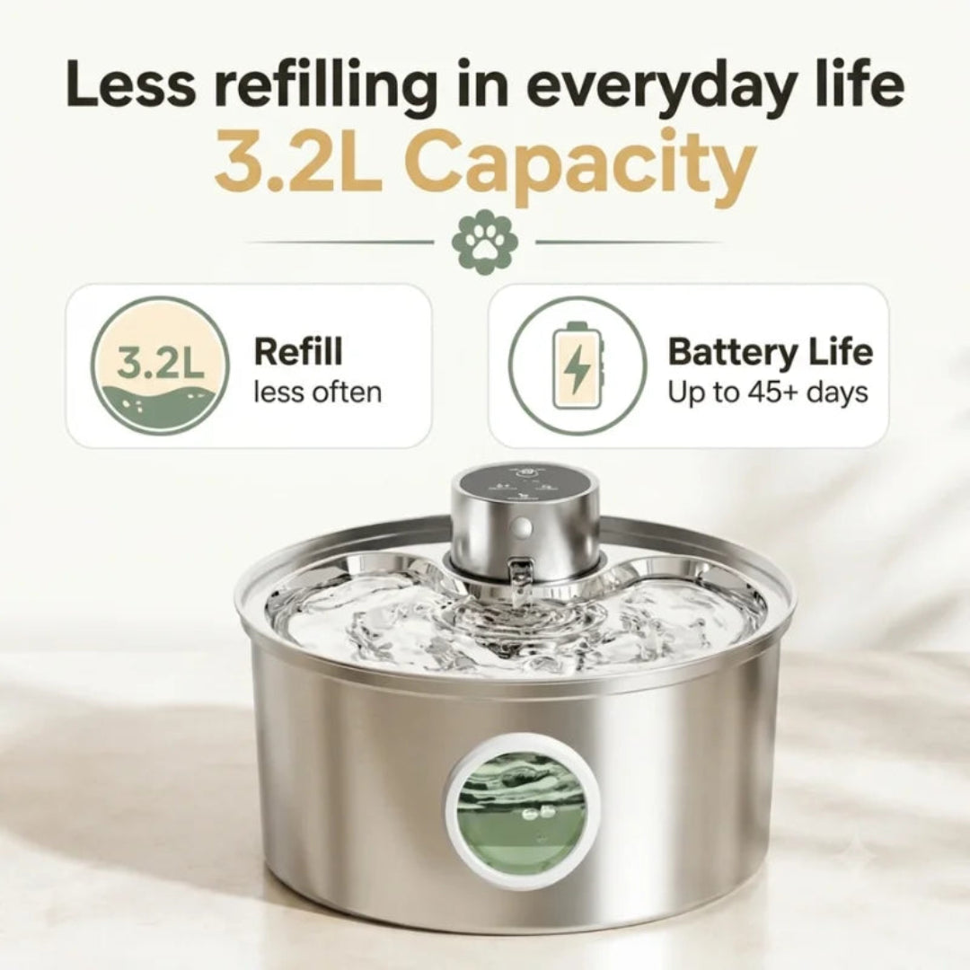 Product shot showcasing the large 3.2L water capacity and an impressive battery life that lasts up to 45+ days for less frequent refilling.