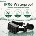 Waterproof receiver module resting on a wet surface with icons demonstrating resistance to rain and splashes.