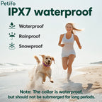 Woman running on the beach with her dog wearing a waterproof LED collar, highlighting IPX7 waterproof, rainproof, and snowproof ratings.