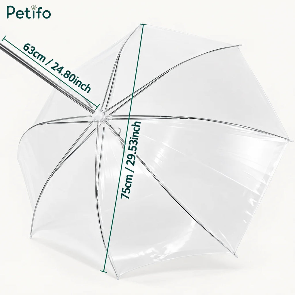 An angle view of the opened clear waterproof dog umbrella highlighting its canopy depth and width measurements.