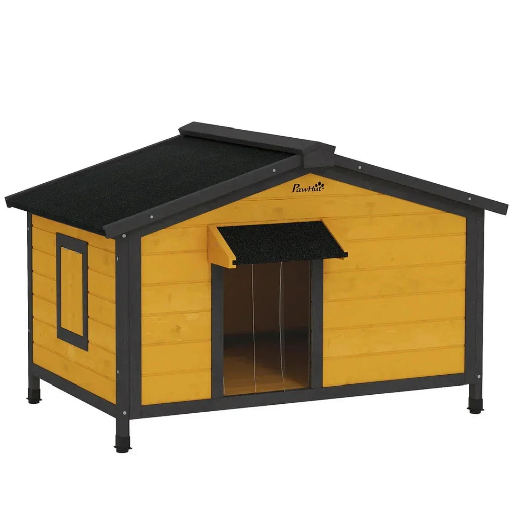 A durable yellow and black wooden dog house with a weatherproof roof for outdoor use.