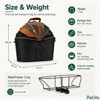 Product dimension and specification infographic detailing the size, weight capacity, and steel frame features of the bicycle pet basket.