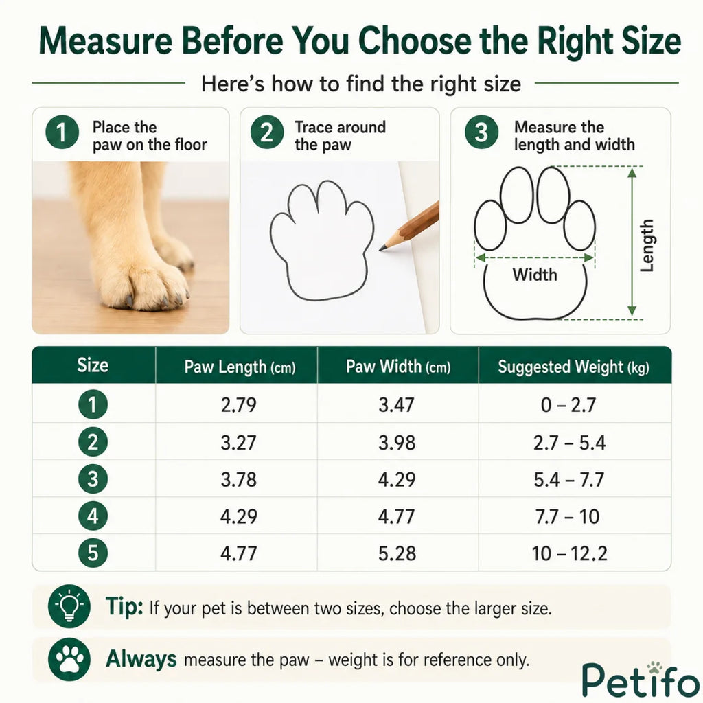 Sizing chart infographic detailing how to measure a dog's paw length and width, along with size conversions and recommended weight ranges for Petifo pet shoes.