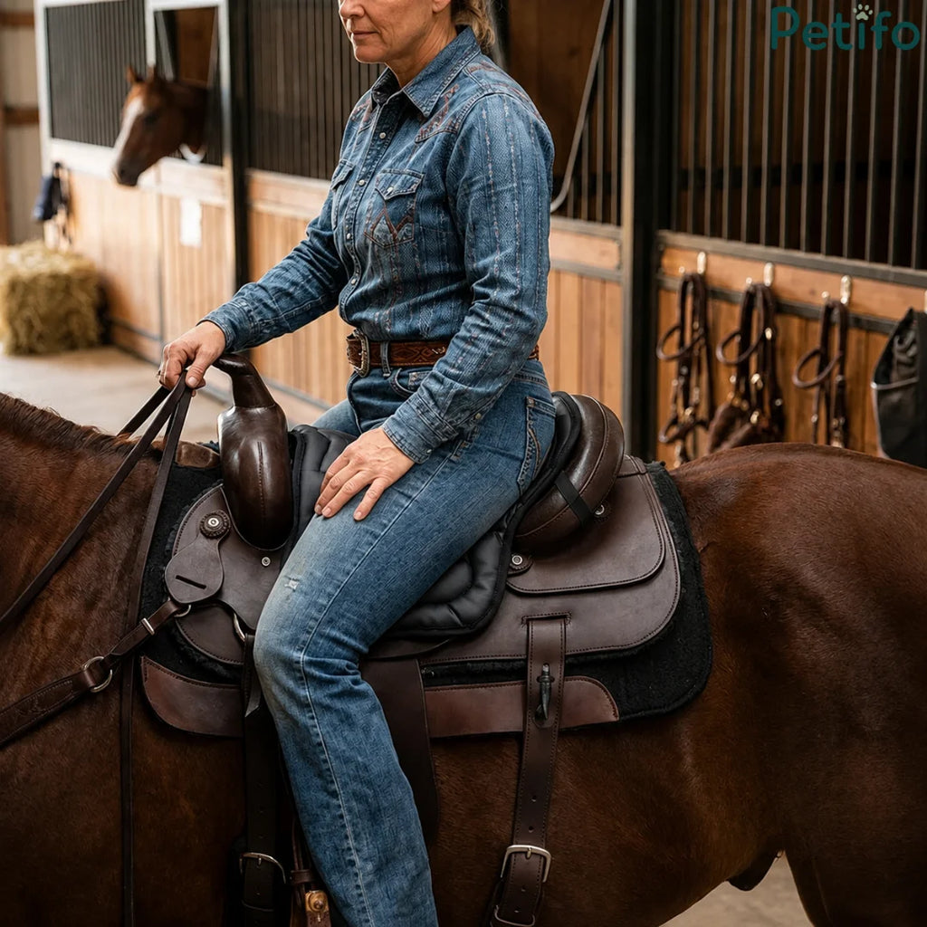 Rider sitting on a horse wearing a western saddle equipped with a black leather cushion inside a stable aisle.