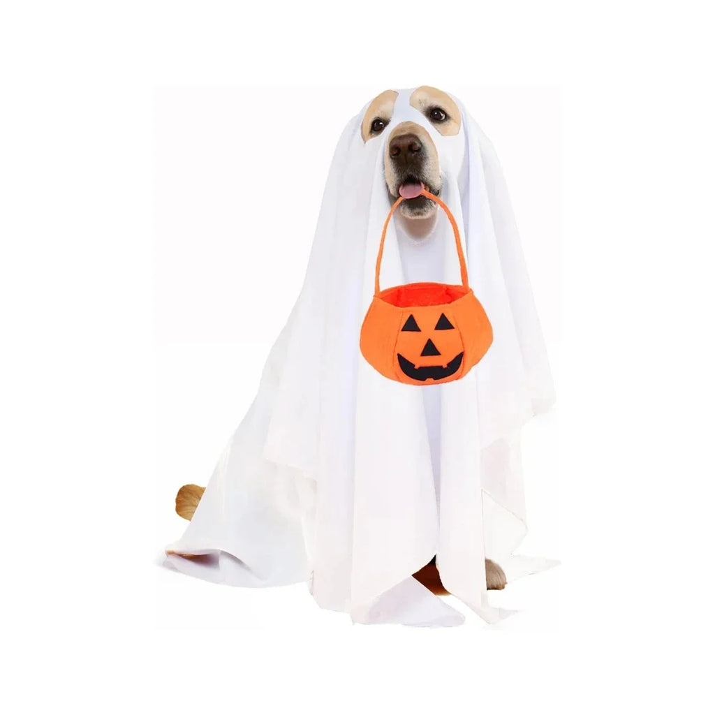 Golden Retriever dog sitting and wearing a white ghost sheet costume while holding an orange pumpkin trick-or-treat bucket in its mouth.