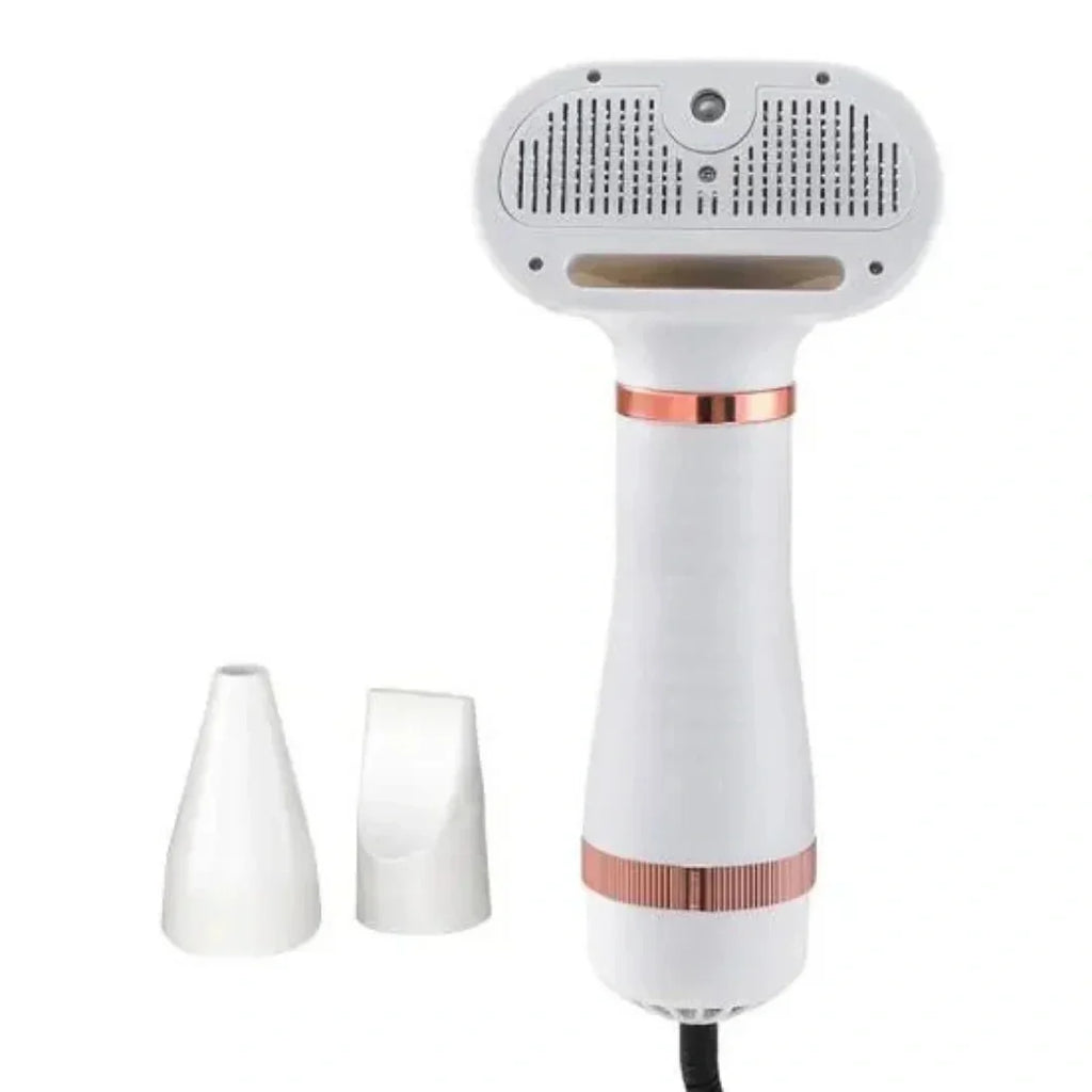 Front view of the white and rose-gold multi-functional pet grooming dryer standing upright next to two interchangeable attachment nozzles.