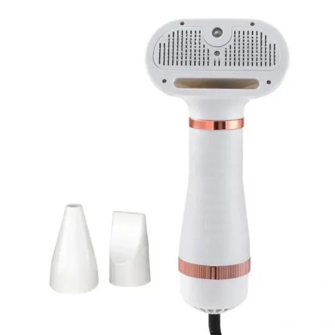 Front view of the white and rose-gold multi-functional pet grooming dryer standing upright next to two interchangeable attachment nozzles.