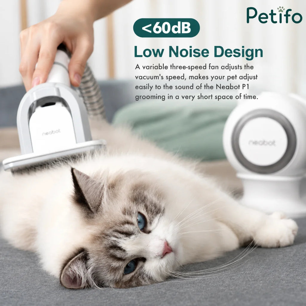 White cat relaxing while being groomed by the quiet Petifo vacuum system, highlighting the low noise design under 60dB.