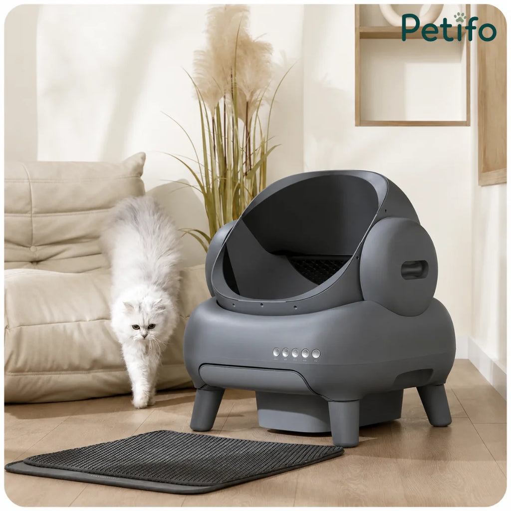 White fluffy cat walking past a sleek grey Neakasa self-cleaning litter box in a modern living room setting.
