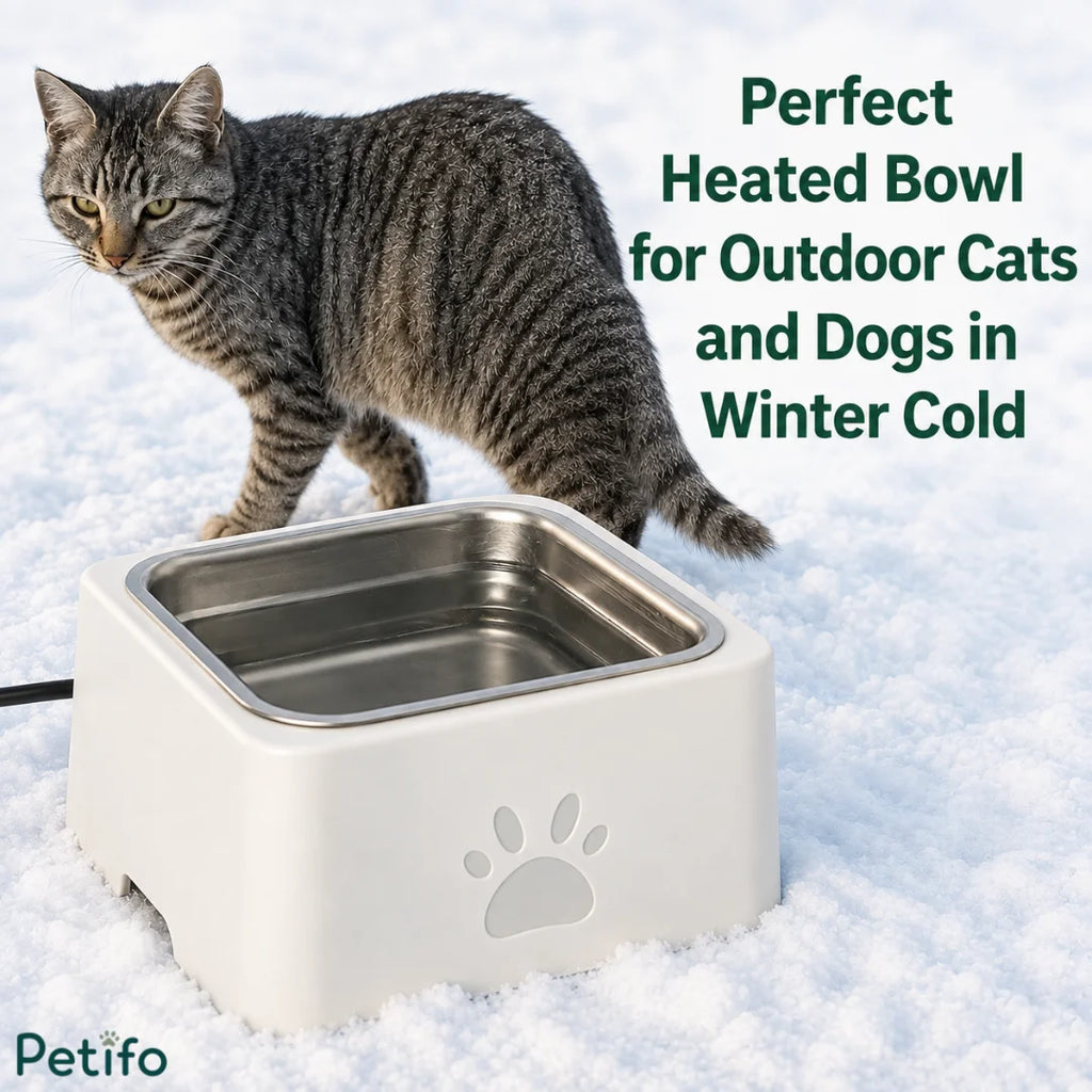 Tabby cat standing next to a white heated water bowl outdoors in the winter snow.