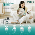 Woman grooming a white dog with a Petifo low-noise vacuum clipper featuring multiple length attachments for versatile hair trimming.