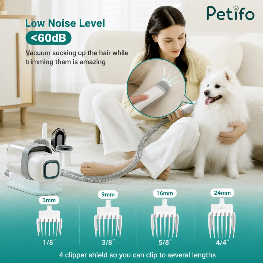 Woman grooming a white dog with a Petifo low-noise vacuum clipper featuring multiple length attachments for versatile hair trimming.