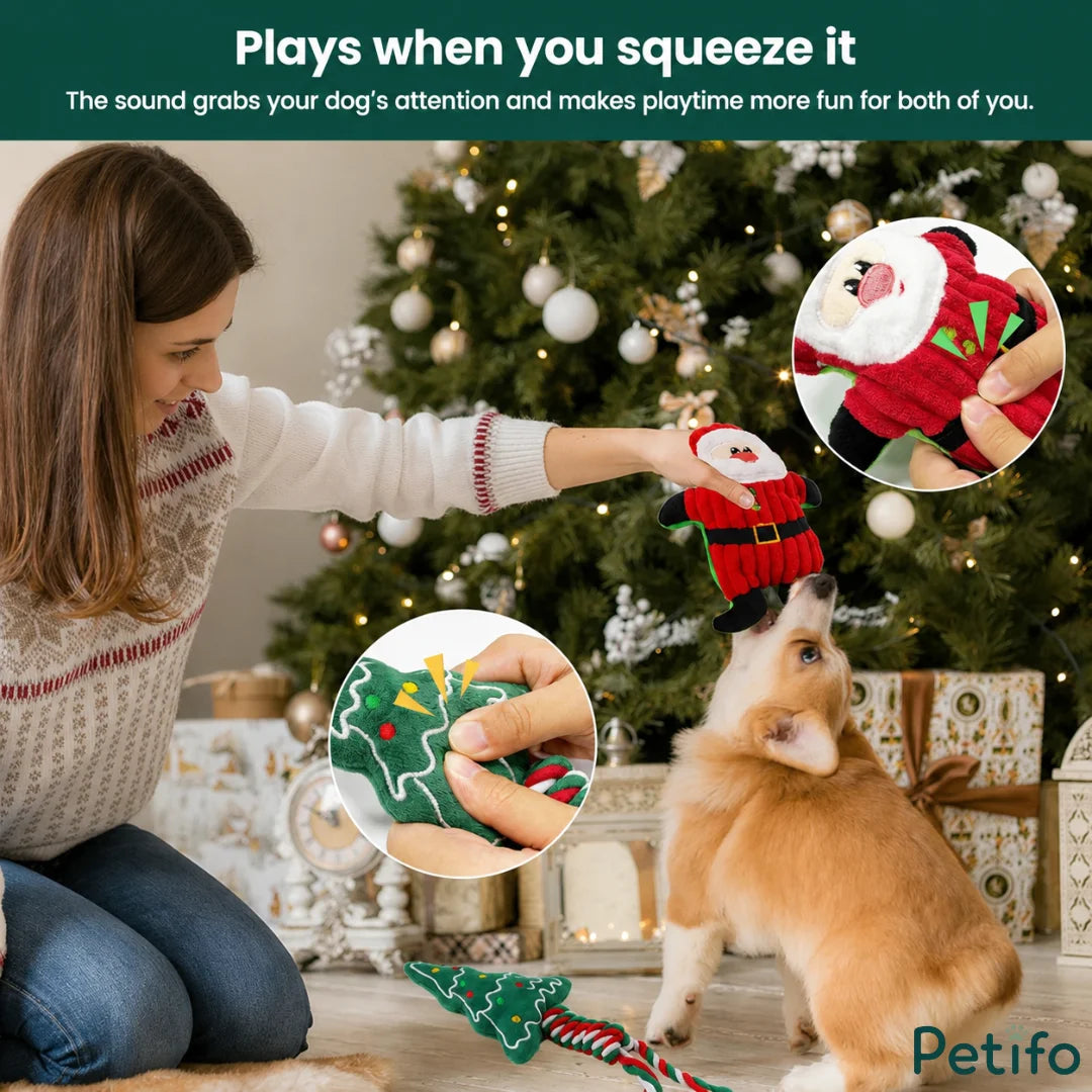A woman playing with a corgi puppy in front of a Christmas tree by squeezing a squeaky plush toy, with circular inset close-ups showing hands squeezing the interactive plush toys to produce sound.