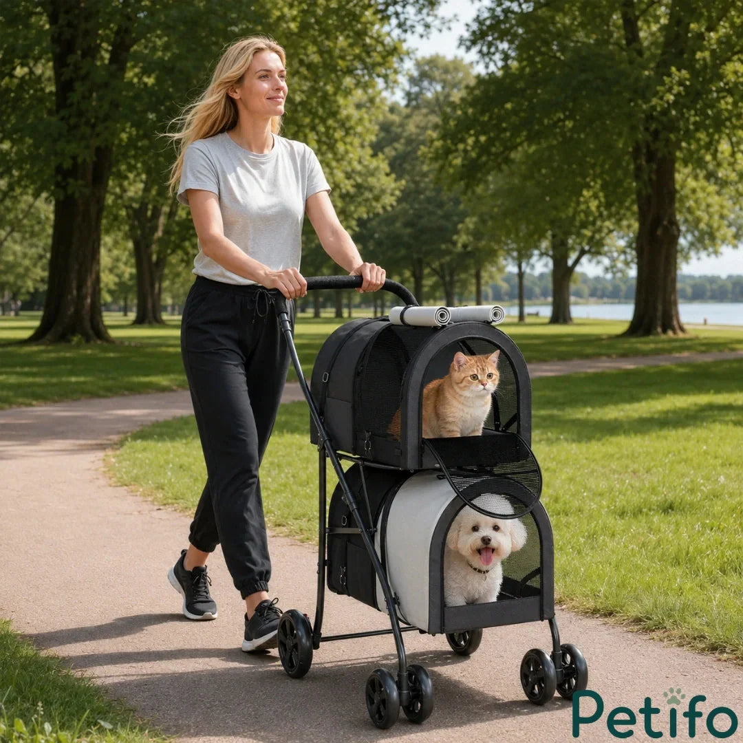 Woman walking with a small dog in a Petifo double-decker pet stroller 