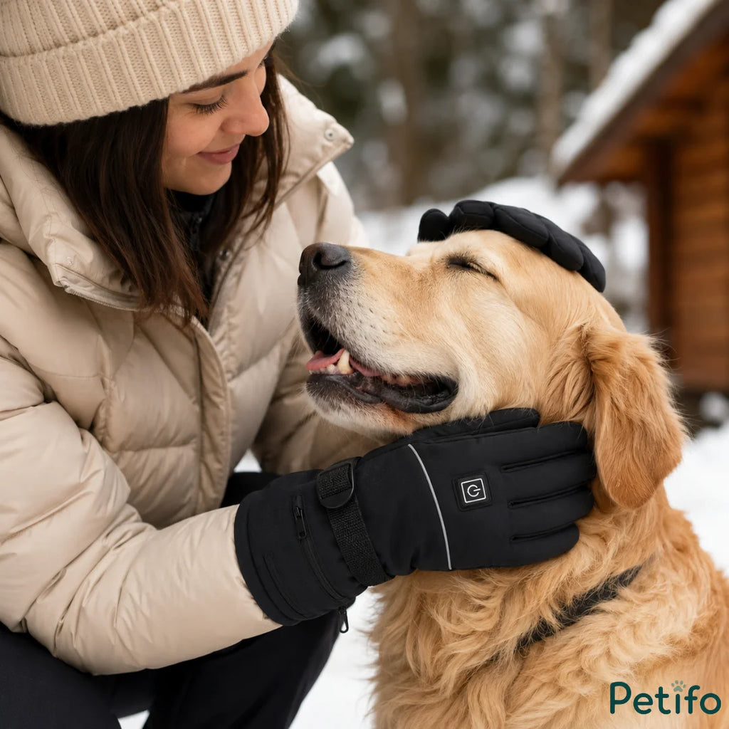 A smiling woman wearing a winter jacket and a beanie gently petting a golden retriever in a snowy outdoor setting while wearing Petifo heated gloves.