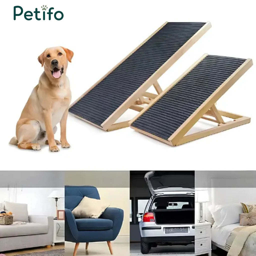 A composite image featuring two wooden pet ramps and a golden retriever, alongside smaller lifestyle shots of the ramp used by a couch, armchair, car trunk, and bed.