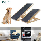 A composite image featuring two wooden pet ramps and a golden retriever, alongside smaller lifestyle shots of the ramp used by a couch, armchair, car trunk, and bed.