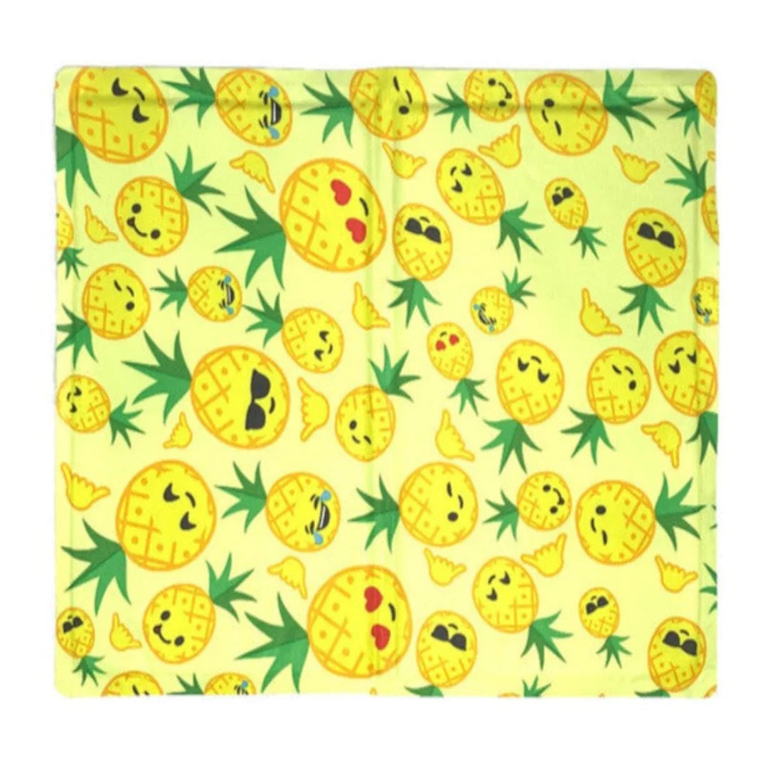 Summer-themed yellow blanket featuring playful emoji pineapples and tropical palm leaves.