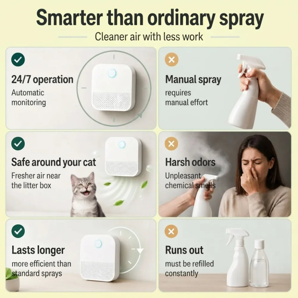 Comparison table highlighting the benefits of the automatic air purifier over manual sprays.