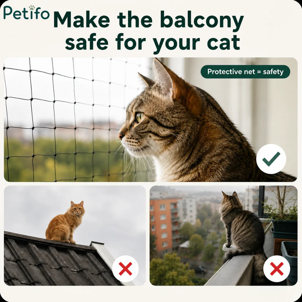 Comparison infographic showing a safe cat-proofed balcony with a protective net versus unsafe open ledges and roofs.