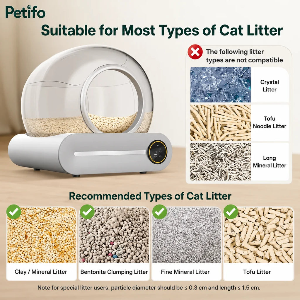 This smart cat litter box is compatible with most litter types, including mineral, bentonite, and crushed tofu