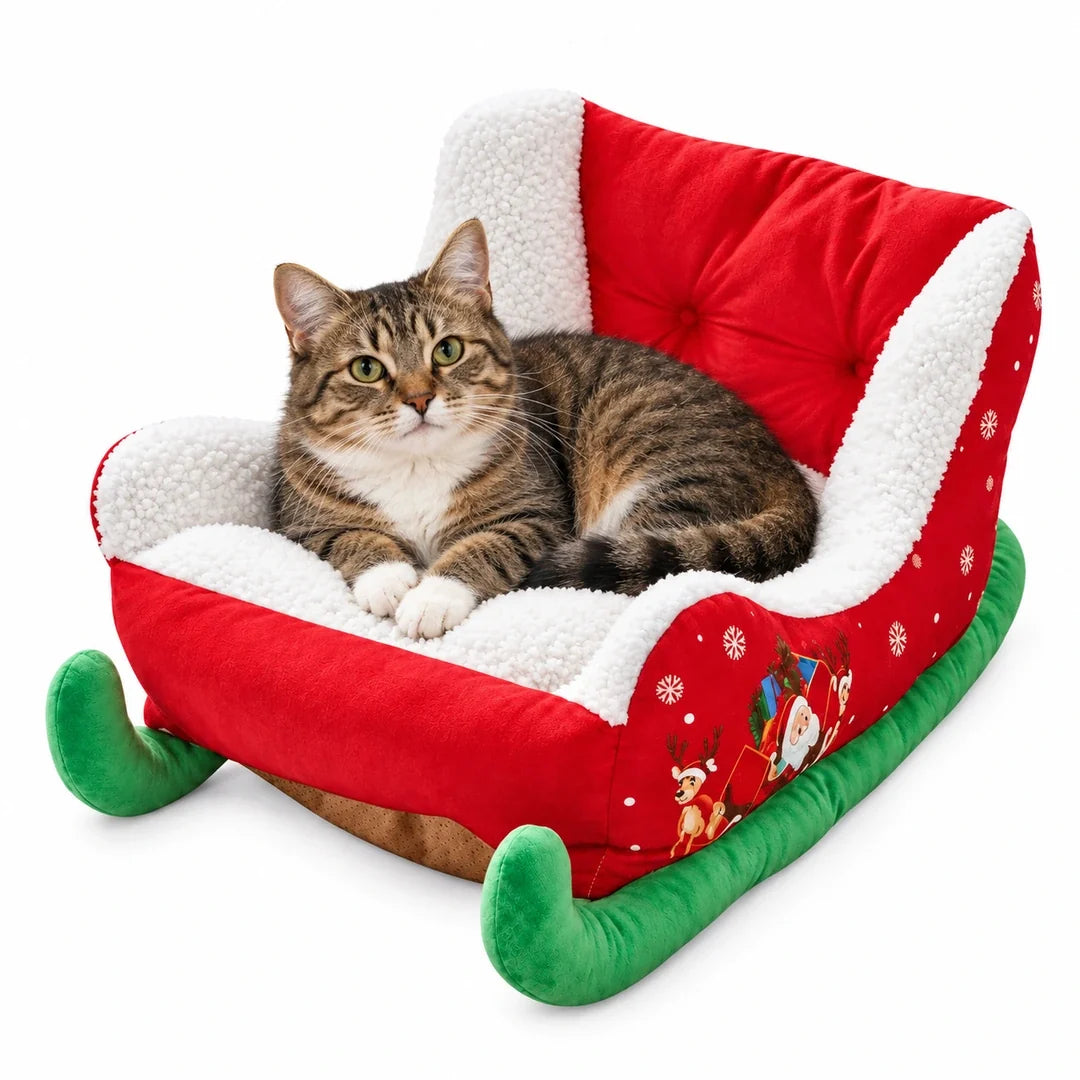 Christmas Sleigh Pet Bed in size M with a resting cat